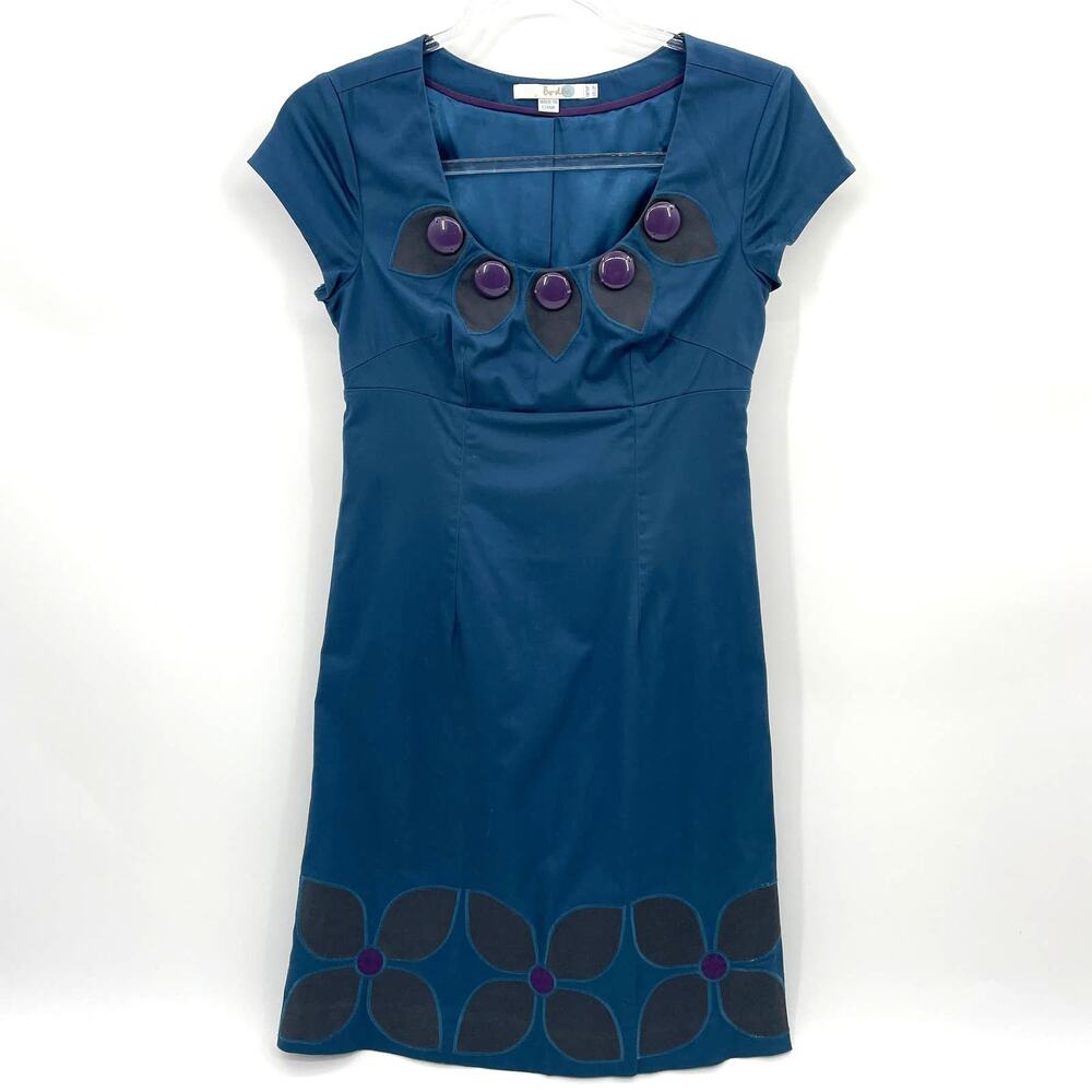 BODEN Womens Sheath Dress Size 2P Teal Floral Retro Button Detail Fitted Lined